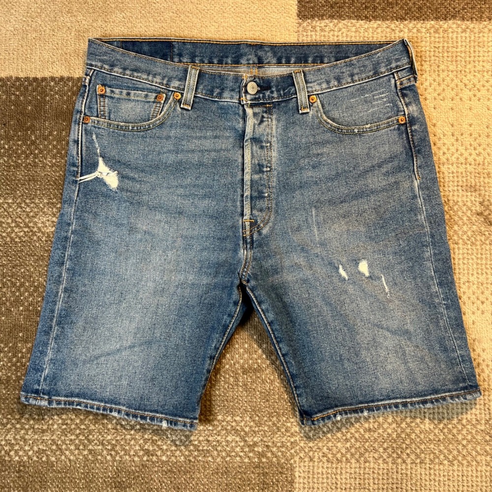 Levis 501 Mens Blue Distressed Denim Shorts 34X9 Button Fly